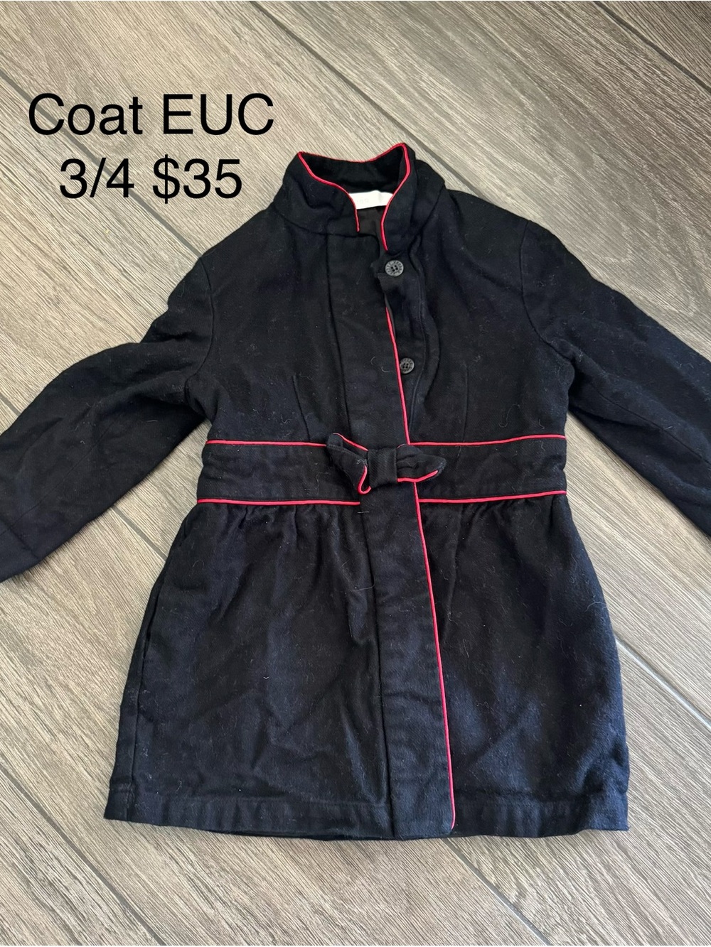 Girls Black Coat with Red Piping - Classic 3/4 Pea Coat